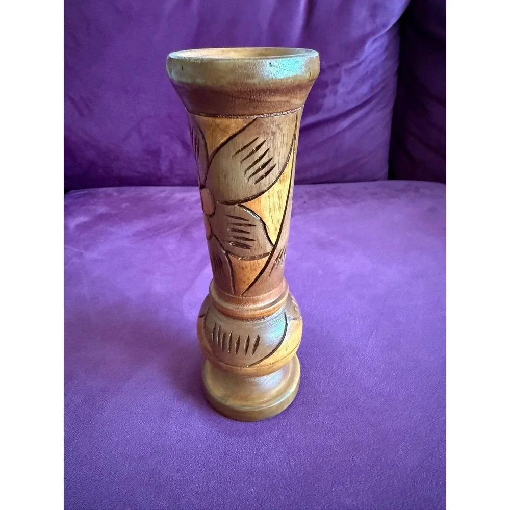 Hand Carved Vtg Wood Vase Flower Tiki Bar MCM Standing 8.25